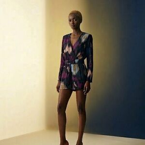 Women's V-Neck 100% percent silk Long Sleeve Printed Romper - Purple Multi